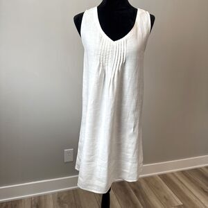 Artisan NY Dress 100% Linen CRISP WHITE V-Neck Pintuck Front Shift Dress Large